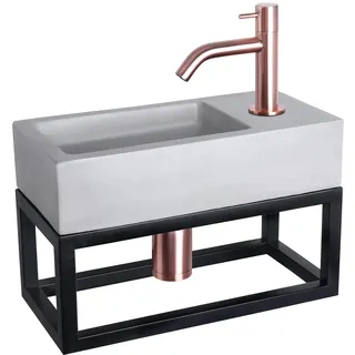 Differnz Ravo Fonteinset - Beton lichtgrijs - Kraan gebogen rood koper - Met handdoekrek - 38.5 x 18.5 x 9 cm