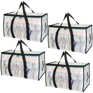 YAMAIDUO 4 Stück 90L Große Aufbewahrungstasche mit Deckel, Transparente Umzugskartons Kleiderbox Plastiktasche mit Reißverschluss Griff, Umzugstaschen für Umzug Camping Kleideraufbewahrung