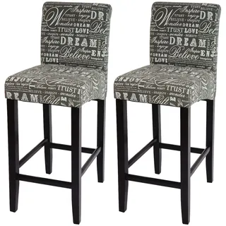 Mendler 2er-Set Barhocker HWC-C33, Barstuhl Tresenhocker, Holz ~ Schriftzug, grau, dunkle Beine, Stoff/Texti