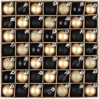 Valery Madelyn Weihnachtskugeln, 49pcs 3cm Christbaumkugeln Kunststoff Weihnachtskugel Weihnachtsdeko mit Aufhänger Geschenkpaket Weihnachtsbaumschmuck Schwarz Gold Thema