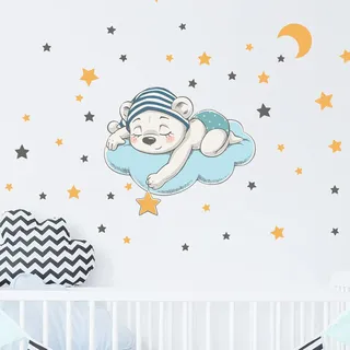 Wandsticker Kinder - Deko Babyzimmer - Wandtattoo Kinderzimmer - Wandaufkleber verträumter Bär und 50 Sterne - H30 x L35 cm