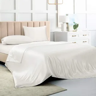Luxbedding Satin-Bettwäsche-Set für Queen-Size-Bett, weiße Seide, 4-teilig, weiches Bettwäsche-Set mit 1 tiefen Spannbettlaken, 1 Bettlaken, 2 Kissenbezügen