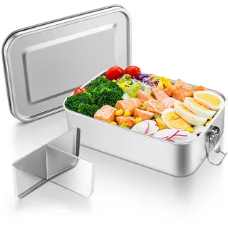 HaWare Brotdose mit Fächern, 2400ml Edelstahl Bento Box Lunchbox für Kinder & Erwachsene, Auslaufsicher Metall Brotzeitdose mit Abnehmbar Trennwand für Büro/Schule/Picknick, Spülmaschinenfest