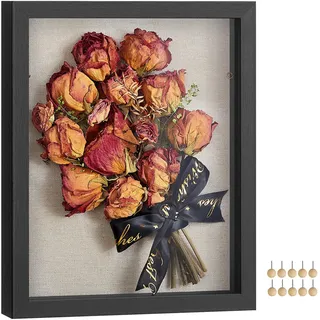 SONGMICS 3D Bilderrahmen zum Befüllen, Glas, 22,5 x 27,5 x 4 cm | Fotorahmen, mit Schnur, Klammern, Stecknadeln, DIY, MDF, Leinenstoff, Ascheschwarz, KAVI Kollektion RPF007B01