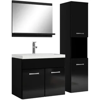 Badezimmer Badmöbel Set Montreal 60cm Waschbecken Hochglanz Schwarz Fronten - Un