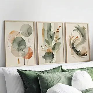 AQCQDQ 3er-Set Beige und Salbei Pflanzen Leinwanddruck Abstrakte Aquarell Geometrische Wandkunst Poster für Wohnzimmer Schlafzimmer modernes Büro Flur Frühlingsdeko (50×70 cm)