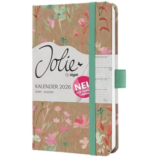 Sigel J6806 Wochenkalender 2026 A6, grün, rosa, Hardcover aus Kraftpapier, Gummiband, Stiftschlaufe, 174 Seiten, vegan, Buchkalender, Terminplaner Taschenkalender Jolie