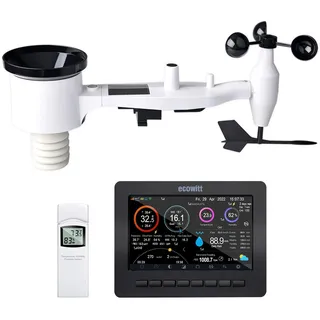 ECOWITT Wetterstation HP2551, 7 Zoll große WiFi TFT Farbdisplay Konsole mit den 3-in-1 Innensensoren, 7 in 1 Solarbetriebener Funk Wettersensor für draußen, Haus Garten Bauernhof Wettervorhersage