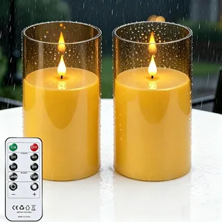 YAOBLUESEA 2 Stück Wasserdichte Flammenlose LED Kerzen mit Fernbedienung und Timer, Große Flackernde LED-Kerzen für Patio Garten Außenbreich für Halloween Weihnachten, φ10cm x 17.5cm, Gold