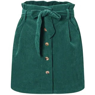 ebossy Paperbag Damen Minirock aus Cord, hohe Taille, Knopfleiste vorne, mit Gürtel - Grn - X-Groß