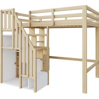 Massivholz-Hochbett 90x200 cm mit Schreibtisch, Treppenregal & Schrank Platzsparendes Jugendbett Kinderbett Weiß - Braun