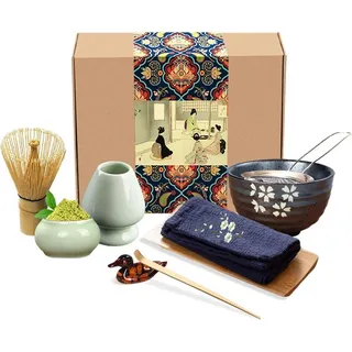 Japanisches Matcha Teeservice: Schneebesen, Bambusschaufel, Schüssel, Matcha Caddy, Keramikhalter