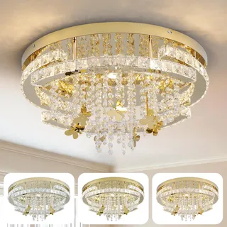Runde Kristall Kronleuchter, Moderne Große Kristall Deckenleuchte mit Schmetterling Tropfenkristall, Gold Elegant Kronleuchter mit 5 Lichtern für Wohnzimmer Schlafzimmer, LED Halbeinbau 50cm