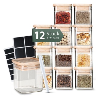 Celeko Home Stapelbare Gewürzgläser Eckig Bambus-Holzdeckel 270ml (Set 12 Stück) Gewürzbehälter Gewürzdosen Glas - Glass Spice Jars - Gewürze Aufbewahrung Kleine Gläser mit Deckel & Etiketten