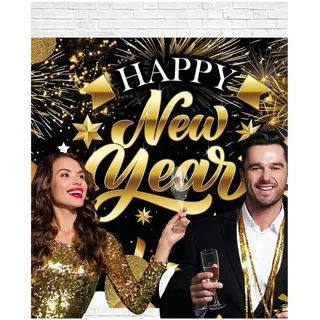 FIESTAS GUIRCA | Silvester Photocall Schwarz und Gold (220x150 cm) - Dekoration für Neujahrsfeiern - Ideal für Themenfeiern und Events - Schwarz und Gold