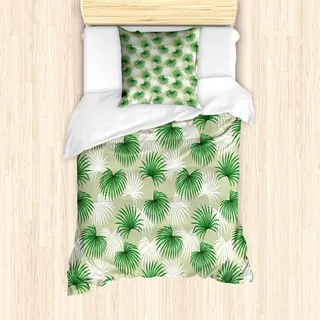 ABAKUHAUS Blatt Mantele, Palm Tree Island Foliage, Milbensicher Allergiker geeignet mit Kissenbezügen, 135 cm x 200 cm - 80 x 80 cm, Grün Hellgrün Weiß - Grün