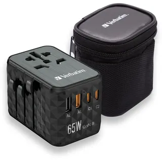 Verbatim GaN Universal Reiseadapter UTA‐05 65 W, Steckdosenadapter mit 2 USB‐A und 2 USB-C Anschlüssen, Schnellladegerät für Laptop, Handy, Kamera und Co, Reisestecker weltweit einsetzbar, 100-250 V
