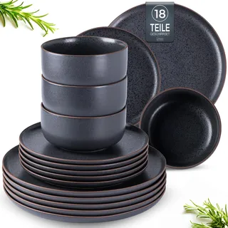 LeRatio Geschirrset für 6 Personen, Steingut Geschirr Set 18-tlg, Keramik Reaktive Glasur Kratzfestes- Schüssel- Teller-Set, Spülmaschinen- und Mikrowellenfestes, Schwarz-Brauner Rand mit Sprenkeln