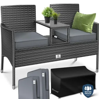 KESSER® Polyrattan Gartenbank 2-Sitzer Bank mit integriertem inkl. Tisch & Kissen - 133 × 55 × 84 cm - Rattan Sitzbank Garten Balkon Gartensofa wetterfest Sitzgruppe Ultra Stabile - Grau