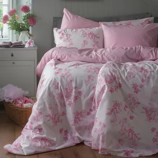 LERUUM Bettwäsche Fruhling 135x200 Baumwolle Mädchen Teenager Blumen Streifen Rosa Weiß Reversibel Bettbezug-Set 1 x Kissenbezug 80x80