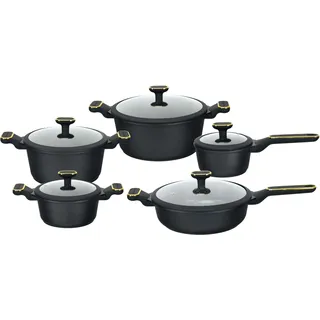 EDENBERG Schwarze Töpfe INDUKTION GLASDECKEL Kochtopf Topfset Keramik und Pfanne ,Gold , EB-5656 Töpfe beschichtet, Kochtopf Set| Kochgeschirr Set - Schwarz
