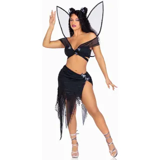 LEG AVENUE 4 PC Dark Fairy, includes wrap around crop top with butterfly accents, asymmetrical skirt with distressed net overlay, butterfly hair clips, and shimmer fairy wings