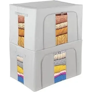 2 Stück Aufbewahrungstasche mit Metallrahmen Stapelbare für Bettdecken Kleidung - Faltbare Kleideraufbewahrung Box Abstellraum Kleiderschrank Organizer (Grau-66L)