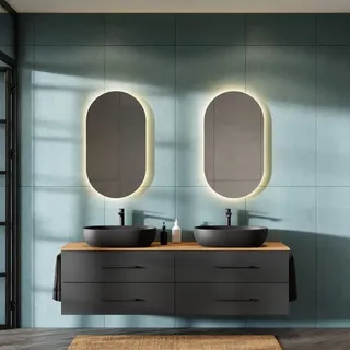 Doppelwaschtischunterschrank LUX 180 cm gold eiche / anthrazit mit 2x Waschbeckbecken schwarz 60 cm und 2x Spiegel ohne Beleuchtung