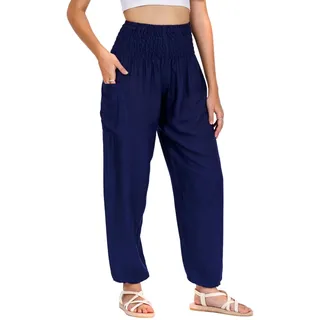 Lofbaz Damen Haremshose Yogahose Pumphose Hippie Hose Boho Kleidung Festival Outfit Sommerhose Leicht Sommer Hosen - Solid 1 Dunkelblau S