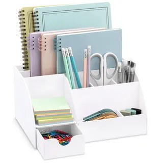 My Space Organizers Schreibtisch-Organizer, weißes Acryl mit Schublade, 9 Fächern, All-in-One-Bürobedarf und cooles Schreibtischzubehör, Stifthalter, verschönern Sie Ihren Bürodekor-Desktop (weiß)