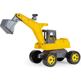 Lena 02217-Eco GIGA Trucks Aufsitz-Bagger, Starke Riesen Sandbagger ca. 70 cm, 360 Grad Schaufelbagger zum Draufsitzen, Baufahrzeug mit Holzanteil, hoher Tragkraft, Gelb, ca. 70x28x32 cm