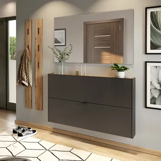 Garderobe Flurgarderobe schmal in grau mit Eiche ABERDEEN-01 modern 4-teilig mit 2 Garderobenpaneelen - Grau