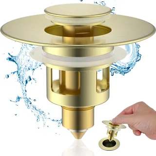 Hibbent Waschbeckenstöpsel(25-46mm), Abflusssieb Ablaufgarnitur Stöpsel Waschbecken, Messing Bounce Core Push-Type Drain Plug, Universal Sink Stopper Ersatz für Bad und Küche,Gebürstetes Gold