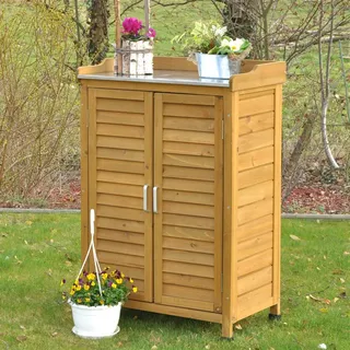 Wetterfester Gartenschrank aus braunem Kiefernholz, 66x102x41 cm, mit Zinkblech-Ablage und 2 verstellbaren Regalböden - Braun