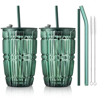 Joeyan 430 ml Grün Trinkbecher mit Deckel und Strohhalm,Geriffelte Glas Bubble Tea Becher Trinkgläser,Eiskaffee Gläser Tassen,Smoothie Saft Boba Wasser Tumbler Cup,2er Set,Spülmaschinenfest