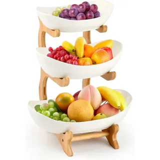 MEESOGA Obst Etagere Keramik Obstschale mit 3 Ebenen Obstschüssel Obstteller ObstEtagere Obstschale Etageren mit Bambus Stand, Servierteller für Küche Obst Gemüse Snacks Süßigkeiten Aufbewahrung