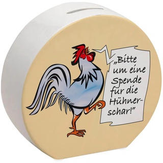 Spardose mit Hahn Motiv in blau zum Thema Trinkgeld und lustigem Spruch schöne Sparbüchse als Geschenk für Sparfüchse die Hühner mögen und eine Hühnerschar auf dem Bauernhof haben