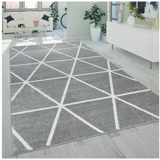 Paco Home Teppich Wohnzimmer Kurzflor Rauten Skandi Muster Modern Weich Grau Weiß, Grösse:70x140 cm