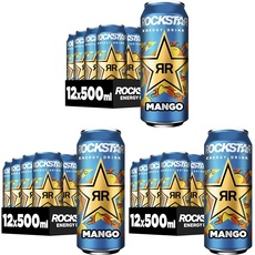 Rockstar Energy Drink Mango - Exotisches, koffeinhaltiges Erfrischungsgetränk mit Mango Geschmack für den Energie Kick, EINWEG (12 x 500ml) (Verpackungsdesign kann abweichen) (Packung mit 3)