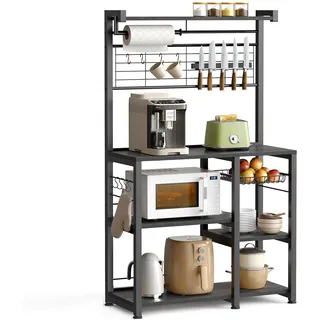 VASAGLE Küchenregal, Standregal, Regal, Kücheninsel mit Magnetleiste für Messer, Drahtkorb, Küchenrollenhalter, 12 Haken, anthrazitgrau-schwarz KKS026B42