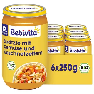 Bebivita Menüs ab 12. Monat Gemüse-Spätzle-Pfanne nach Art Geschnetzeltem, 6er Pack (6x250g)