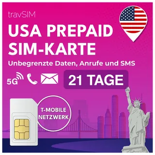 travSIM USA SIM Karte | T-Mobile Netz | Unbegrenzte Daten, Anrufe & Texte in den USA | SIM Karte USA funktioniert auf iOS & Android Geräten | SIM USA 21 Tage