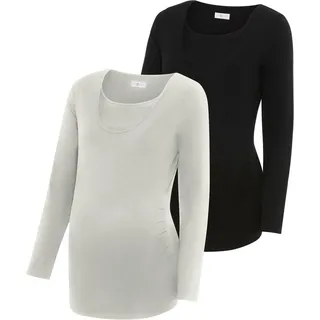 Umstandsshirt NEUN MONATE "2er Pack Stillshirts mit praktischem Ausschnitt", Damen, Gr. 36/38, schwarz (schwarz, graumeliert), Jersey, Obermaterial: 95% Baumwolle, 5% Elasthan. Obermaterial Melange: 95% Baumwolle, 5% Elasthan, unifarben, Basic, figurbetont hüftlang, Rundhals, Shirts Umstandsshirt, 2er Pack Umstands-Shirt für Schwangerschaft und Stillzeit