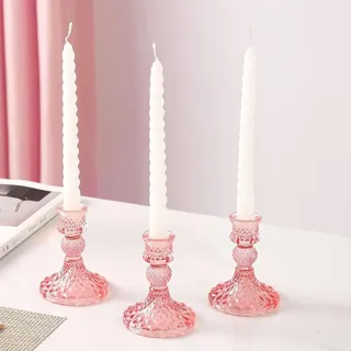 Glas Rosa Kerzenhalter für Stumpenkerze und Spitzkerze Tischdekoration für Hochzeit Abendessen Party - 3 Stück