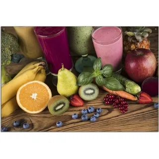 Wallario Outdoor-Poster für Garten oder Balkon, Motiv Bunte Smoothies mit Obst in der Küche, in ca. 61 x 91,50 cm - Schwarz