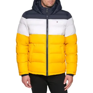 Tommy Hilfiger Herren Klassische Kapuzenjacke Daunenalternative Mantel, Mitternacht/EIS/Gelb, XX-Large