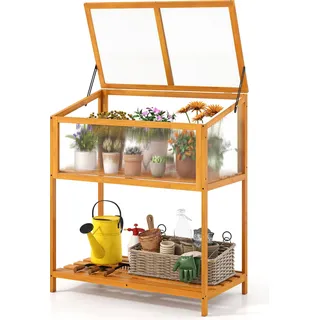 COSTWAY Frühbeet Aufsatz Holz, Frühbeetaufsatz mit Abdeckung & Ablagefach, Pflanzenbeet wetterfest, Gewächshaus für Garten & Balkon, 90x50,5x105 cm - Orange