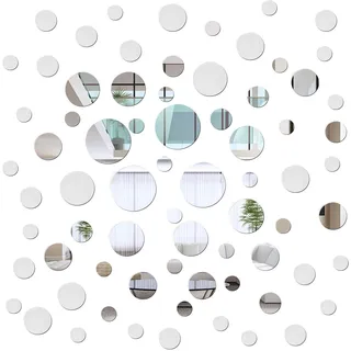 Gukasxi 72 Stück Runde Kreis Spiegel Wandaufkleber Acrylspiegel Selbstklebende Dekorative Wandspiegel für Wohnzimmer Esszimmer Schlafzimmer Flur Haus Dekor (Silber)