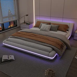 Flieks Polsterbett 160x200cm mit LED, Doppelbett Jugendbett mit Lattenrost, Klassisches Bett Holzbett Schwebebett Bodenbett, PU, Weiß - Weiß