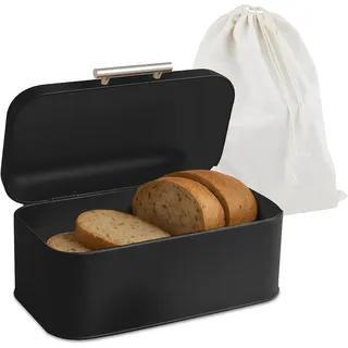 Relaxdays Brotkasten mit Deckel und Brotbeutel Hellbraun,Schwarz